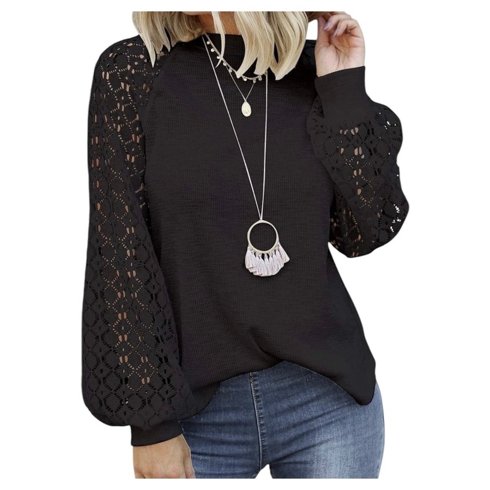 Miholl NWT Women's Plus‎ Size XXL Black Waffle Top Lace Ballon Sleeves